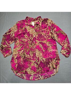 Chicos 2 Large Womens Button-Up Blouse Purple Animal Print Long Sleeve Shirt